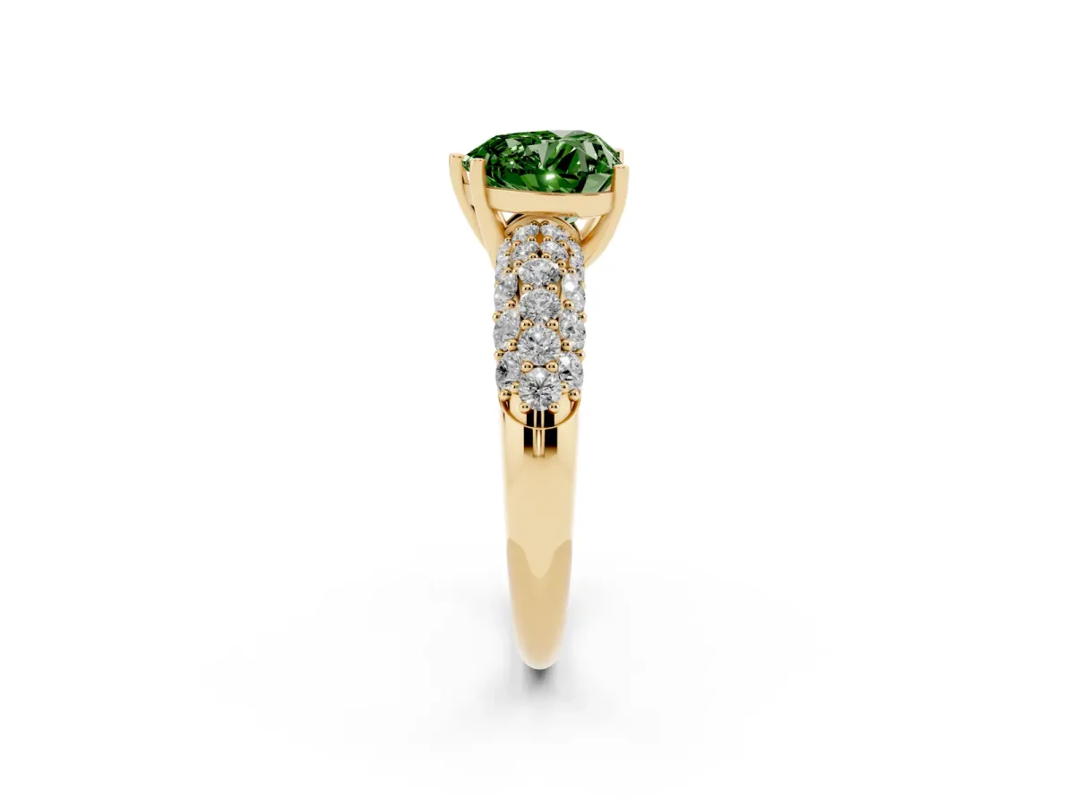 Fancy Green Heart Cut Diamond Pavé Band Solitaire Ring with Four-Prong Setting Yellow gold