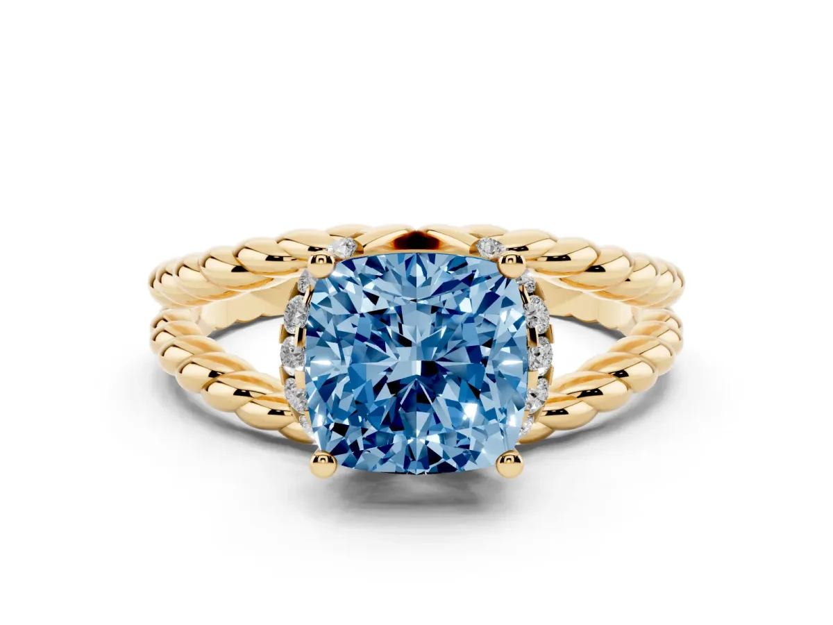 Fancy Blue Cushion Cut Halo Twisted Band Four-Prong Ring Yellow gold