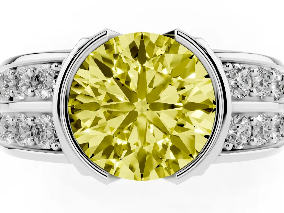Fancy Yellow Round Cut Brilliant Diamond Channel Set Wide Band Ring with Bezel Setting White gold