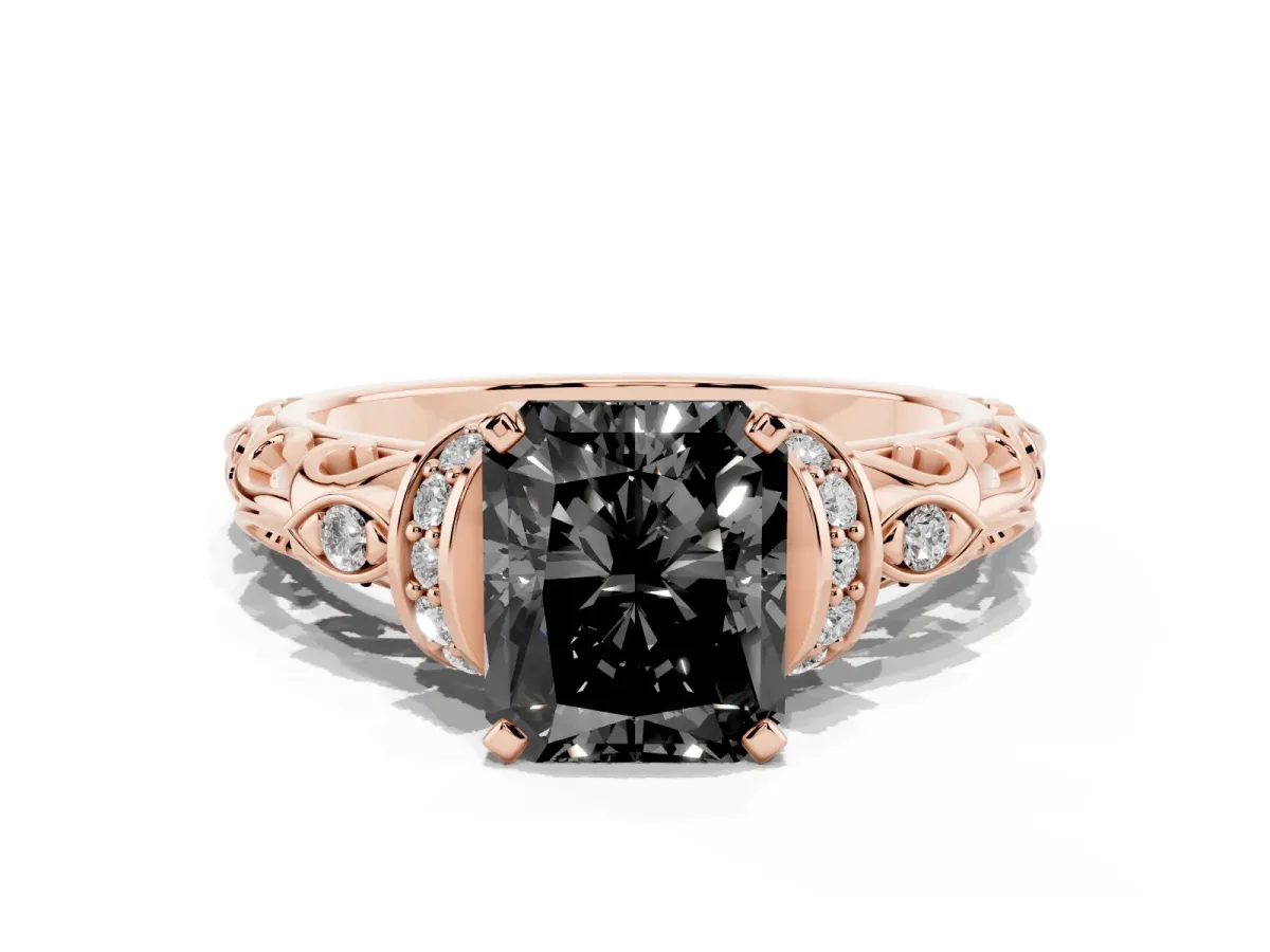 Fancy Black Radiant Cut Diamond Solitaire Ring with Filigree Band and Four-Prong Setting Rose gold
