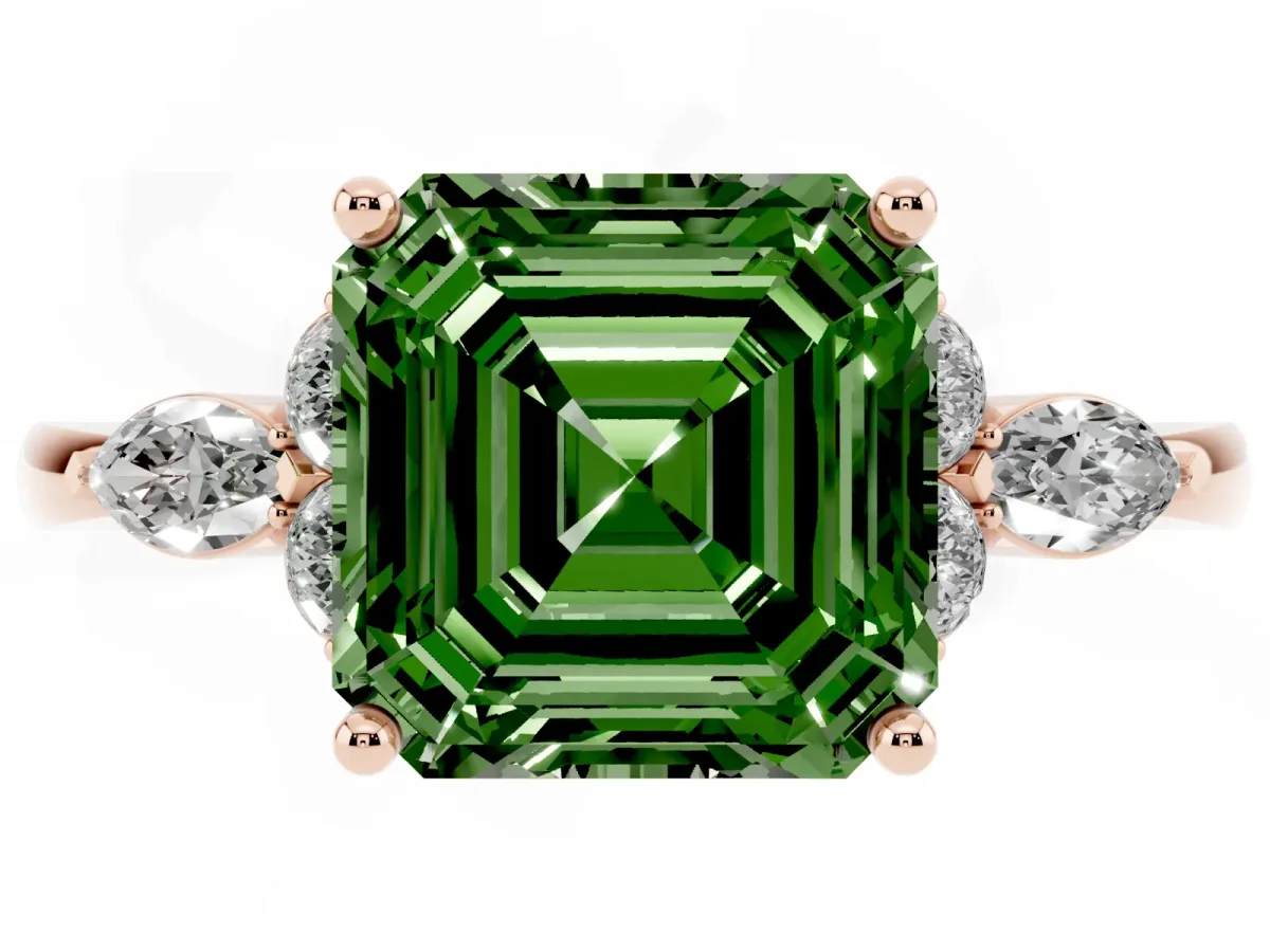 Fancy Green Asscher Cut Brilliant Diamond Solitaire Ring with Pear Side Stones and Four-Prong Setting Rose gold