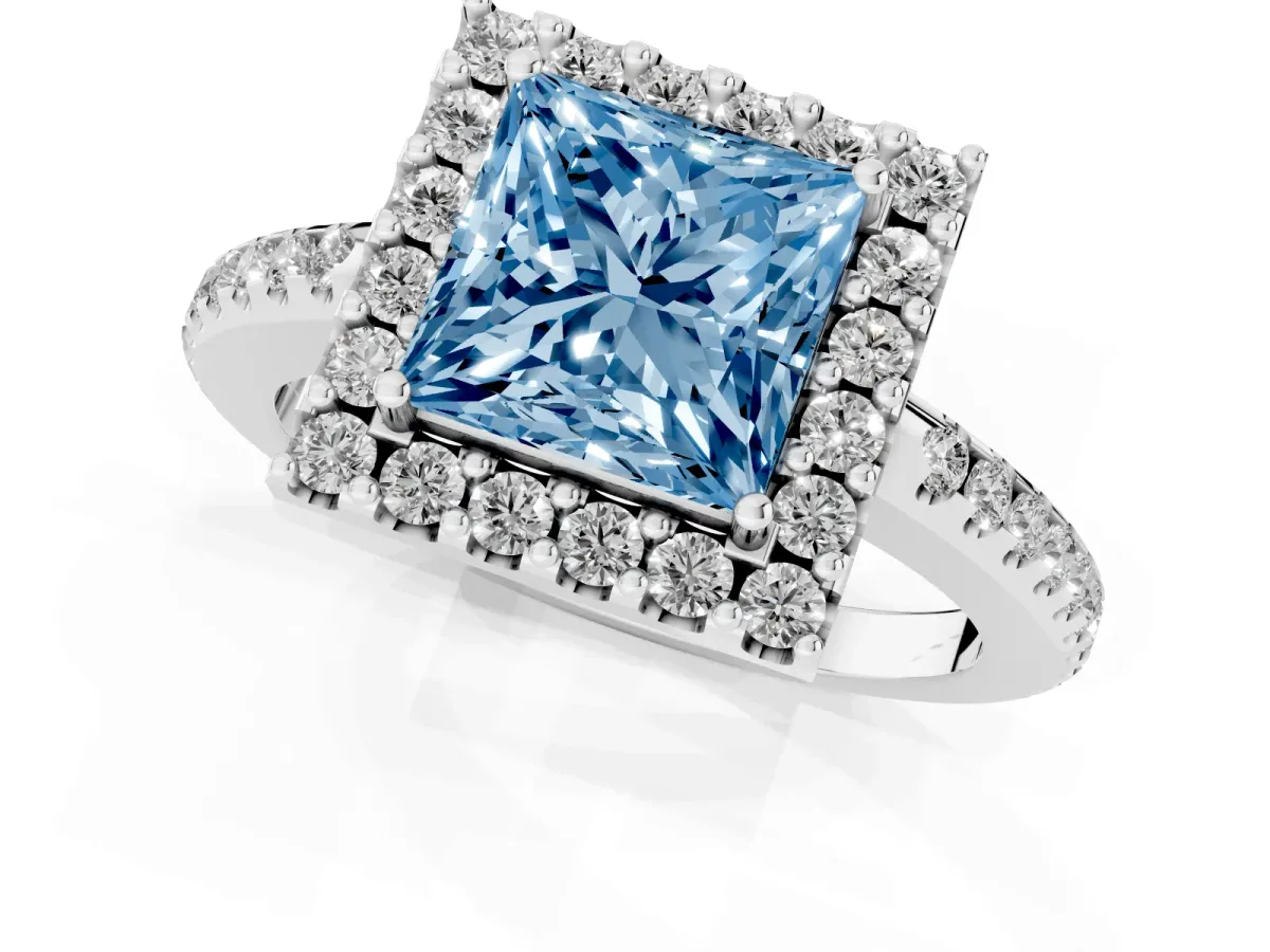 Fancy Blue Princess Cut Diamond Pavé Halo Ring with Four-Prong Setting Silver