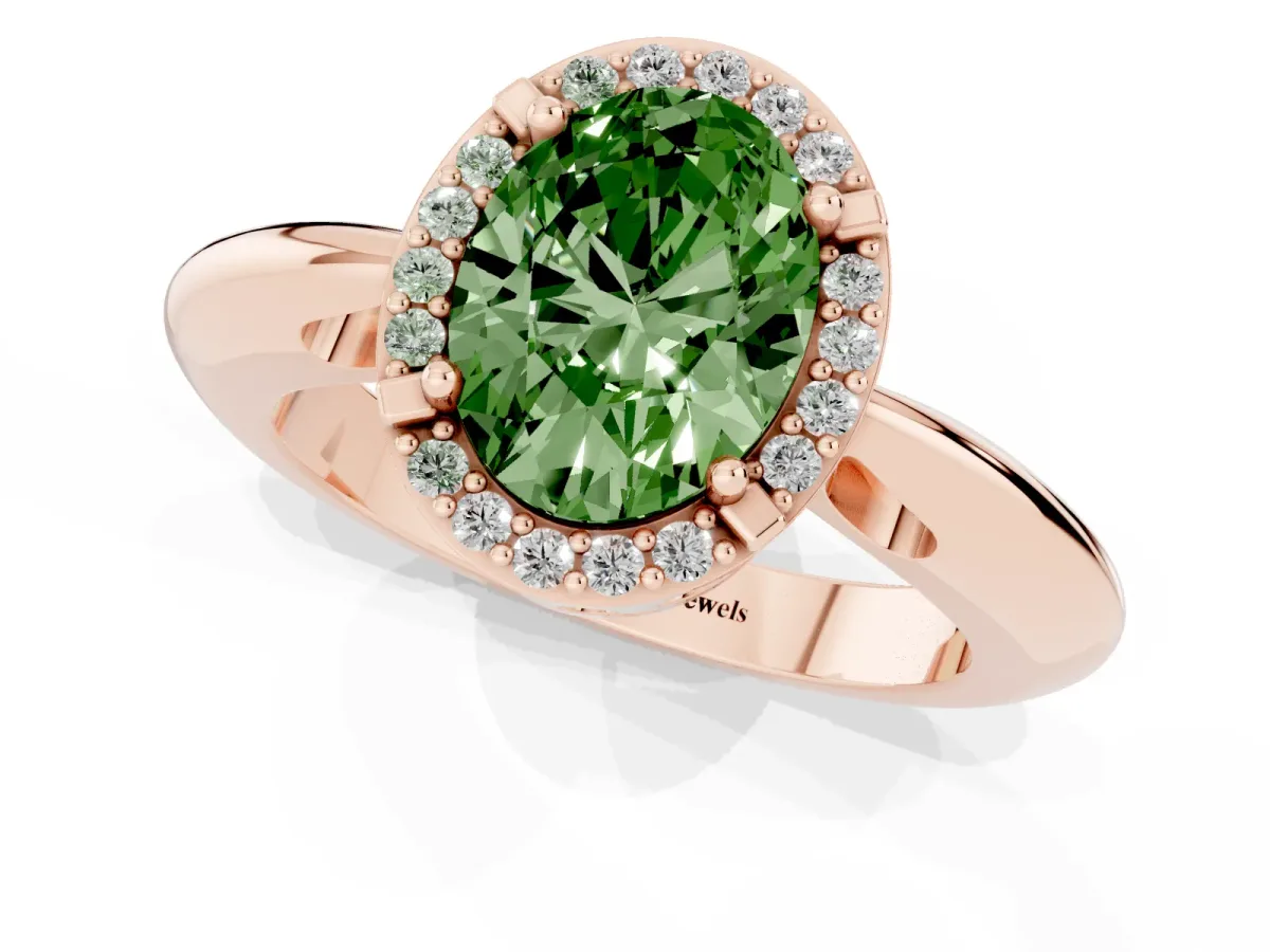 Fancy Green Oval Cut Cut Diamond Halo Engagement Ring with Split Shank and Four-Prong Setting Rose gold