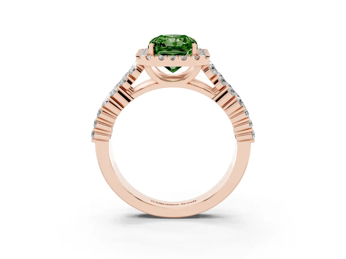 Fancy Green Radiant Cut Diamond Halo Engagement Ring with Triple Row Round Pavé Band and Prong Setting Rose gold