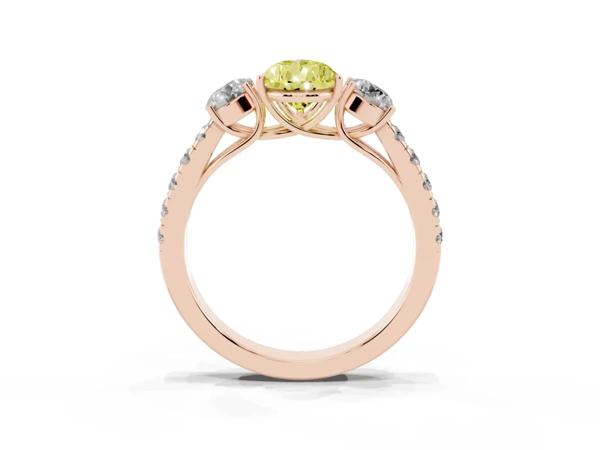 Fancy Yellow Pear Cut Cut Diamond Three-Stone Ring with Round Side Stones and Pavé Band Rose gold