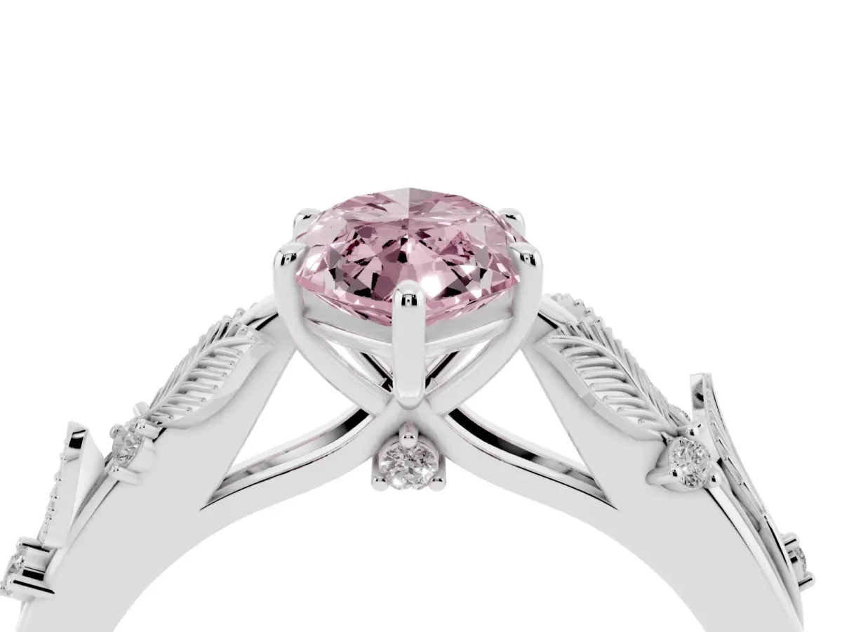 Fancy Pink Marquise Cut Diamond Solitaire Ring with Leaf Motif Band and Four-Prong Setting Silver