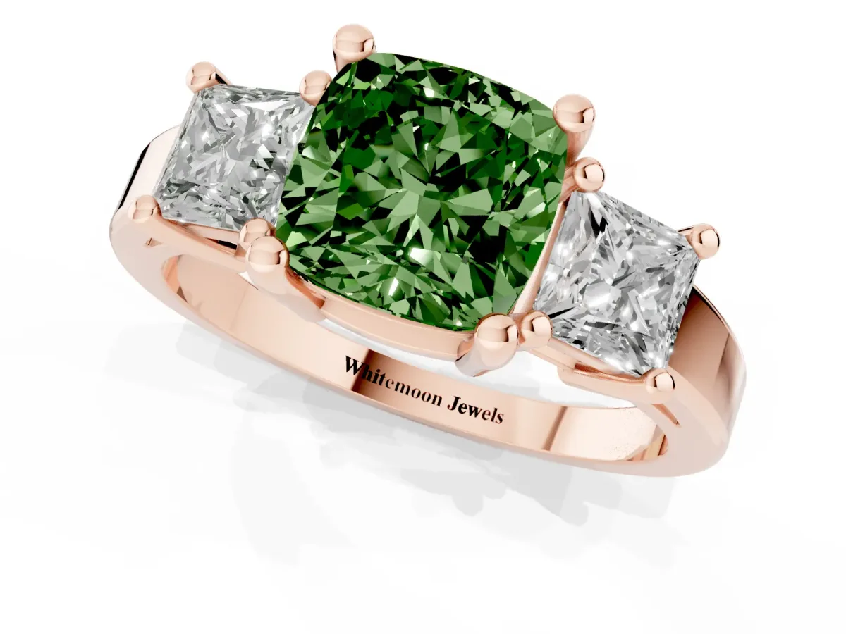 Fancy Green Three-Stone Cushion Cut Cut Solitaire Ring with Prong Setting Rose gold