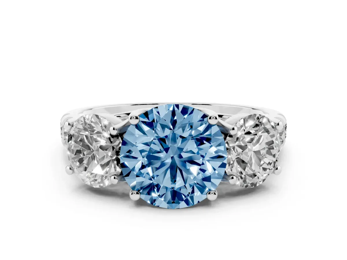 Fancy Blue Three-Stone Round Cut Diamond Pavé Band with Prong Setting Platinum