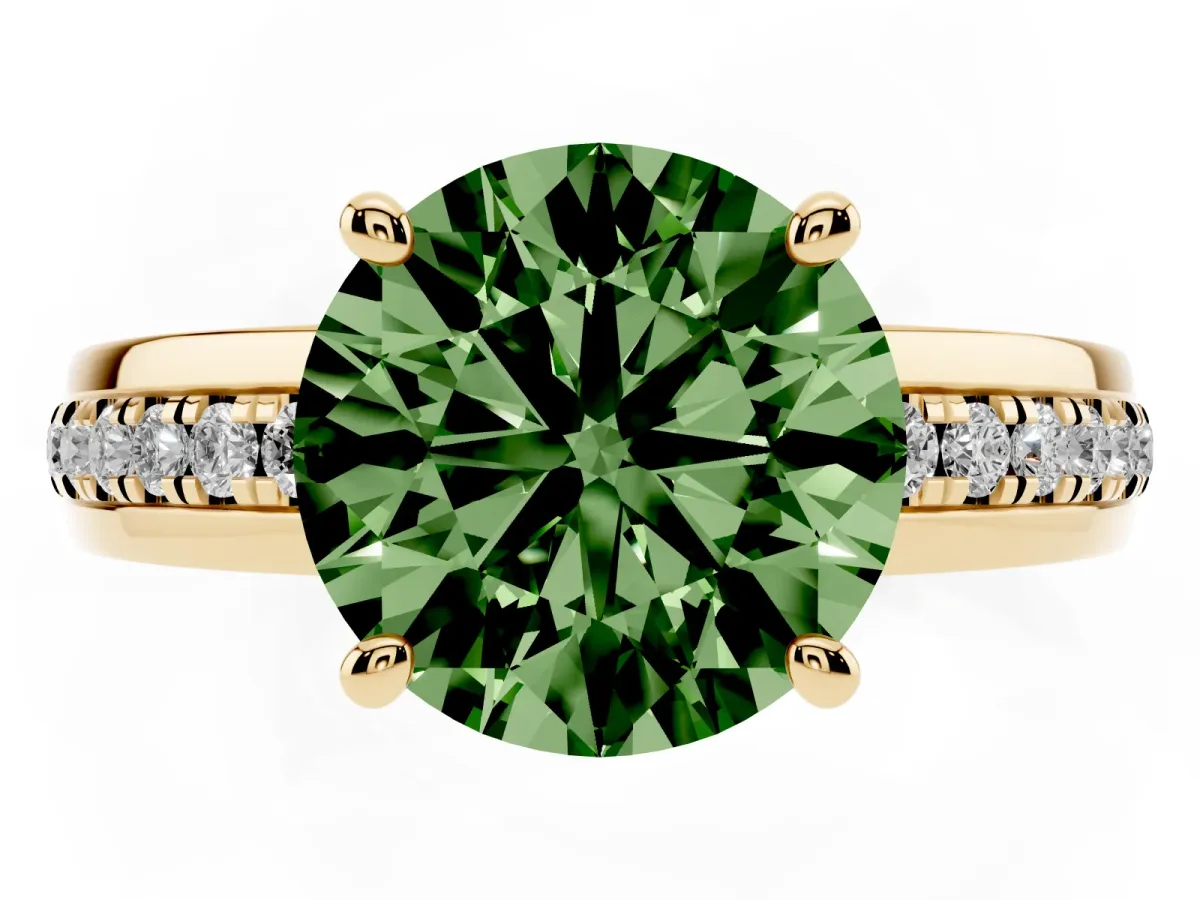 Fancy Green Round Cut Solitaire Diamond Ring with Channel Set Band and Six-Prong Setting Yellow gold