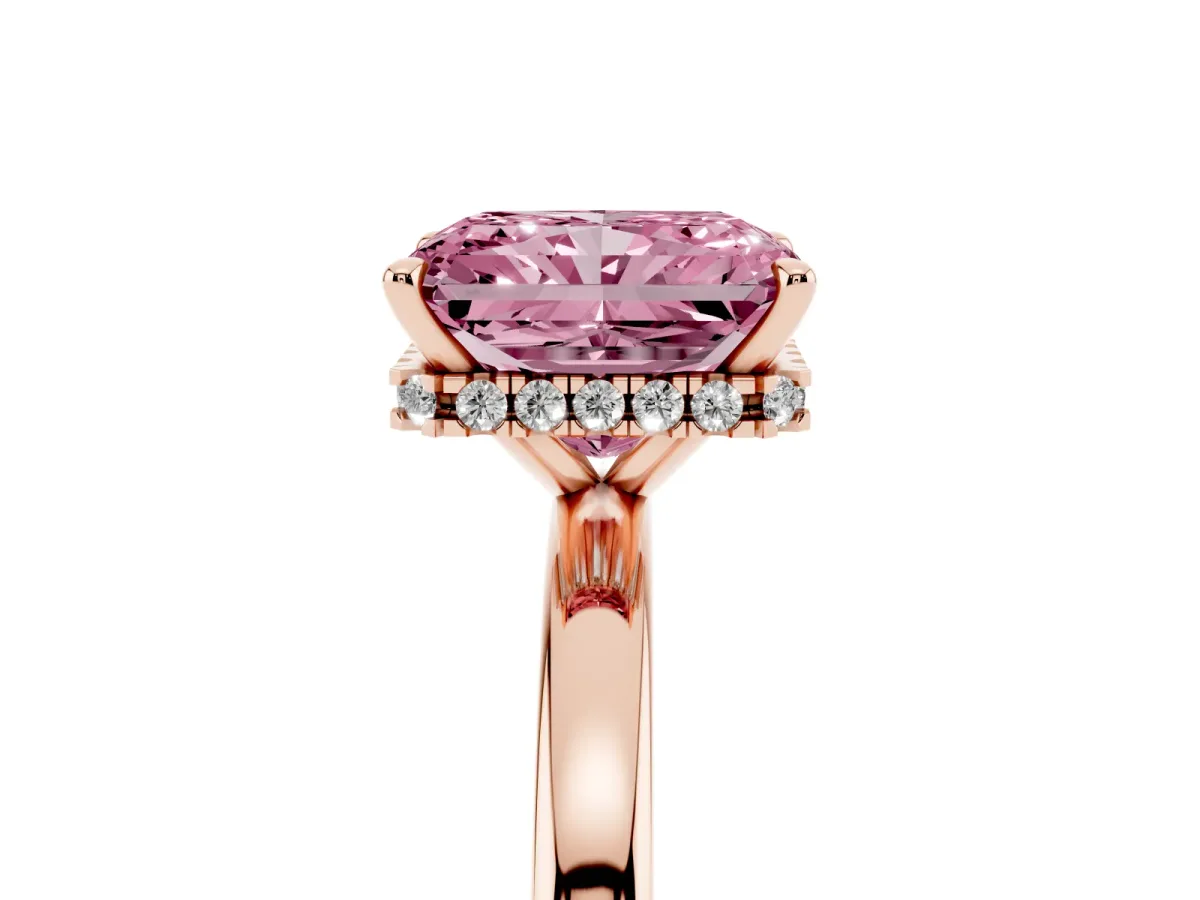 Fancy Pink Radiant Cut Solitaire Engagement Ring with Cathedral Band and Four-Prong Setting Rose gold