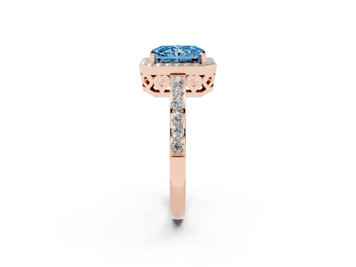 Fancy Blue Radiant Cut Halo Diamond Pavé Band Ring with Prong Setting Rose gold