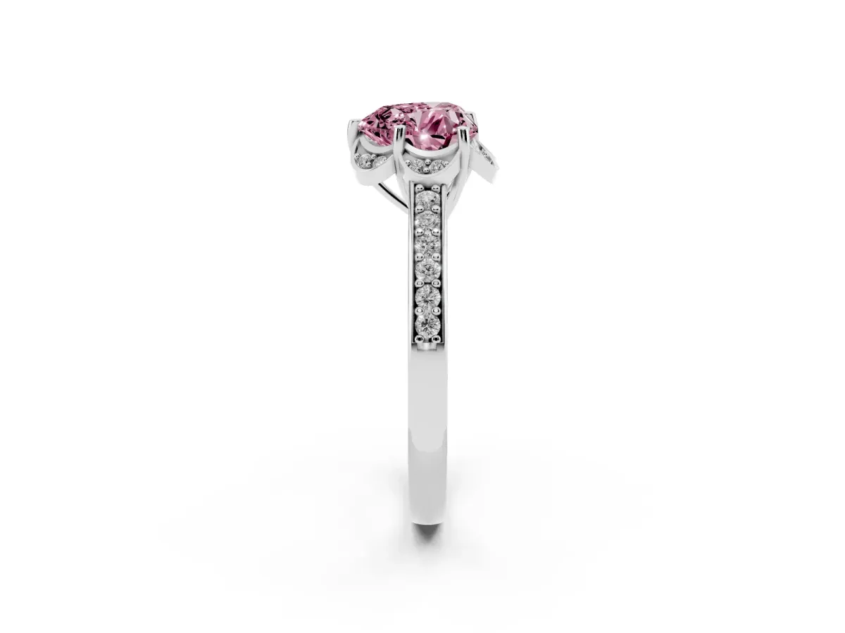 Fancy Pink Heart Cut Cut Halo Diamond Ring with Channel Set Band and Four-Prong Setting Silver