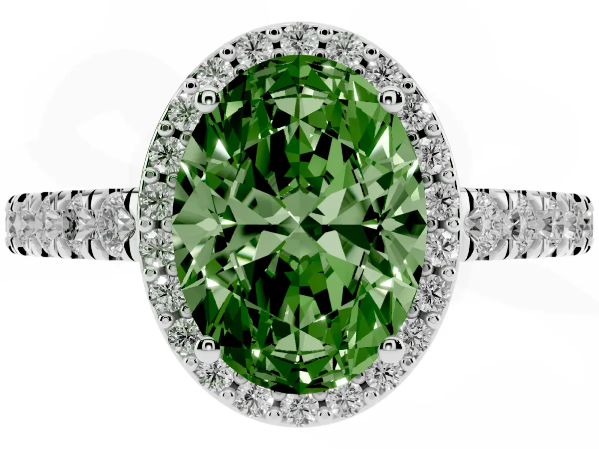 Fancy Green Oval Cut Cut Halo Diamond Engagement Ring with Pave Band and Four-Prong Setting Platinum