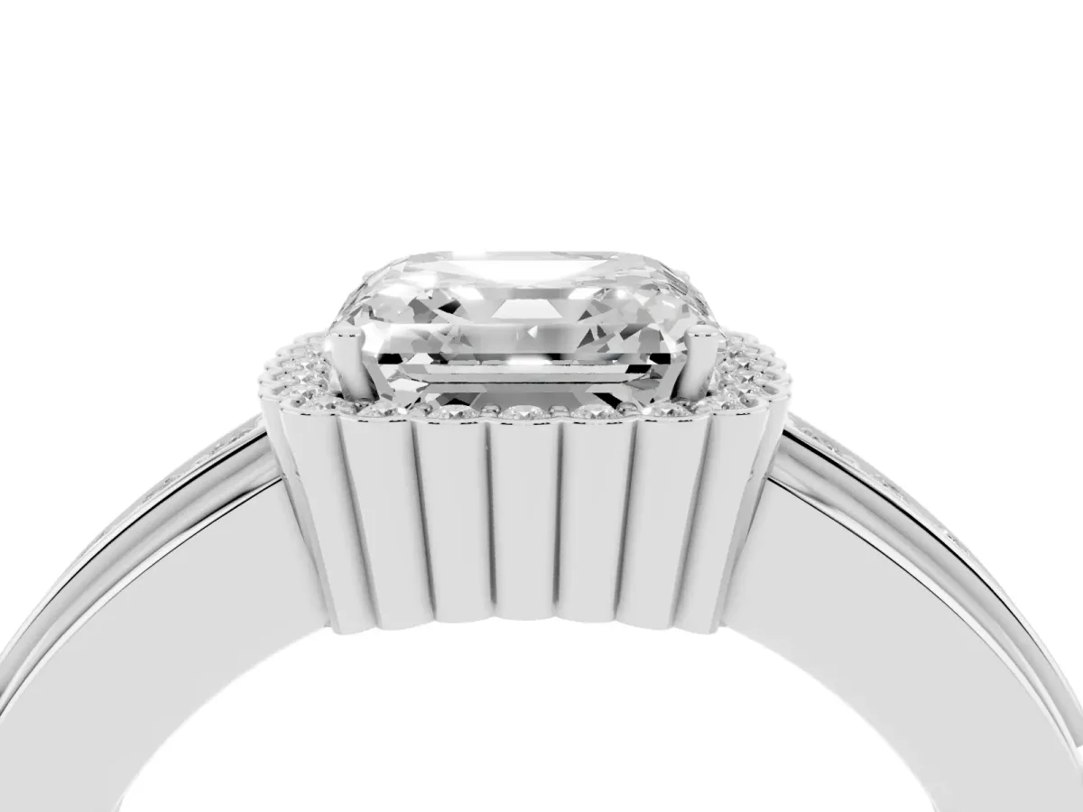 Asscher Cut Cut Halo Pave Band Four-Prong Ring Silver