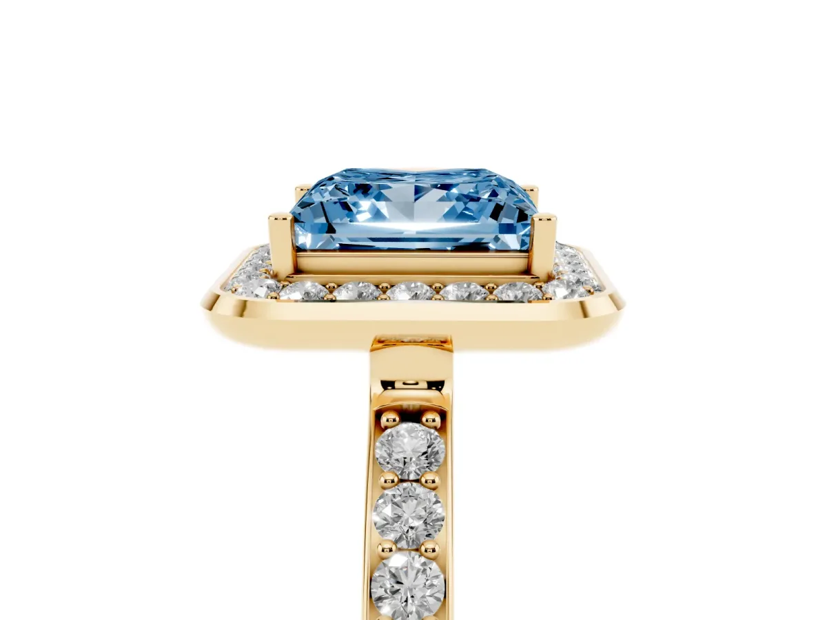 Fancy Blue Princess Cut Diamond Halo Ring with Bezel Frame and Pavé Band Yellow gold