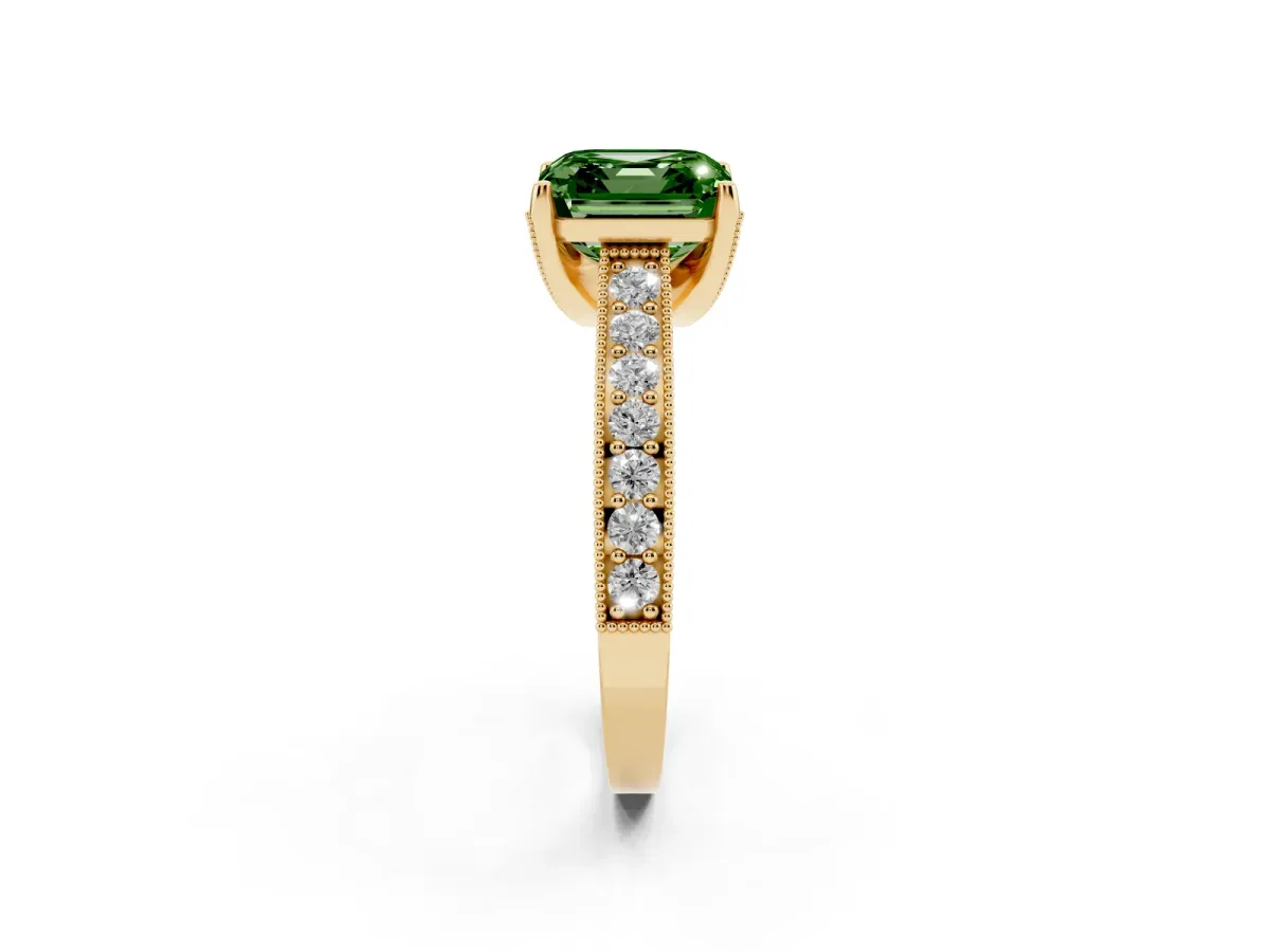 Fancy Green Asscher Cut Cut Diamond Solitaire Ring with Milgrain Pave Band and Four Prong Setting Yellow gold