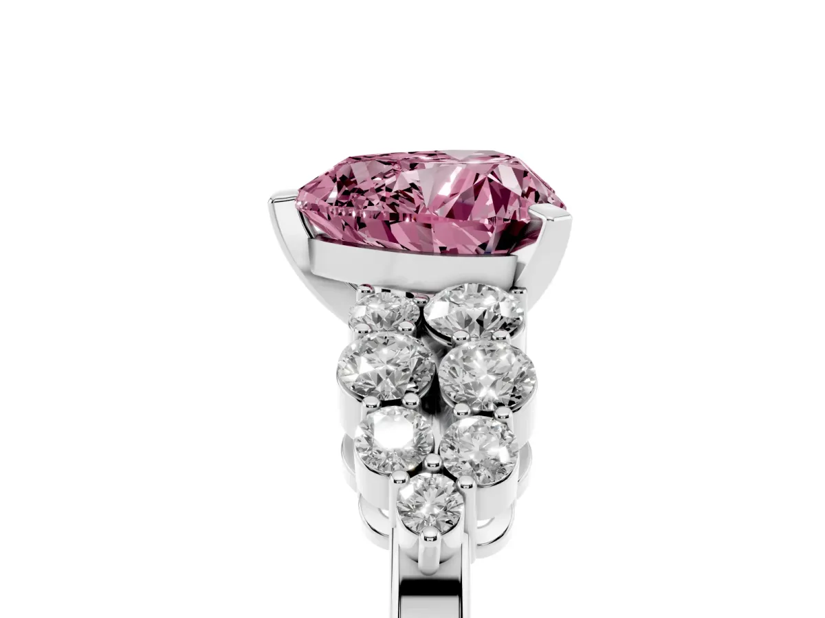 Fancy Pink Heart Cut Cluster Diamond Engagement Ring with Pavé Band and Four-Prong Setting Platinum