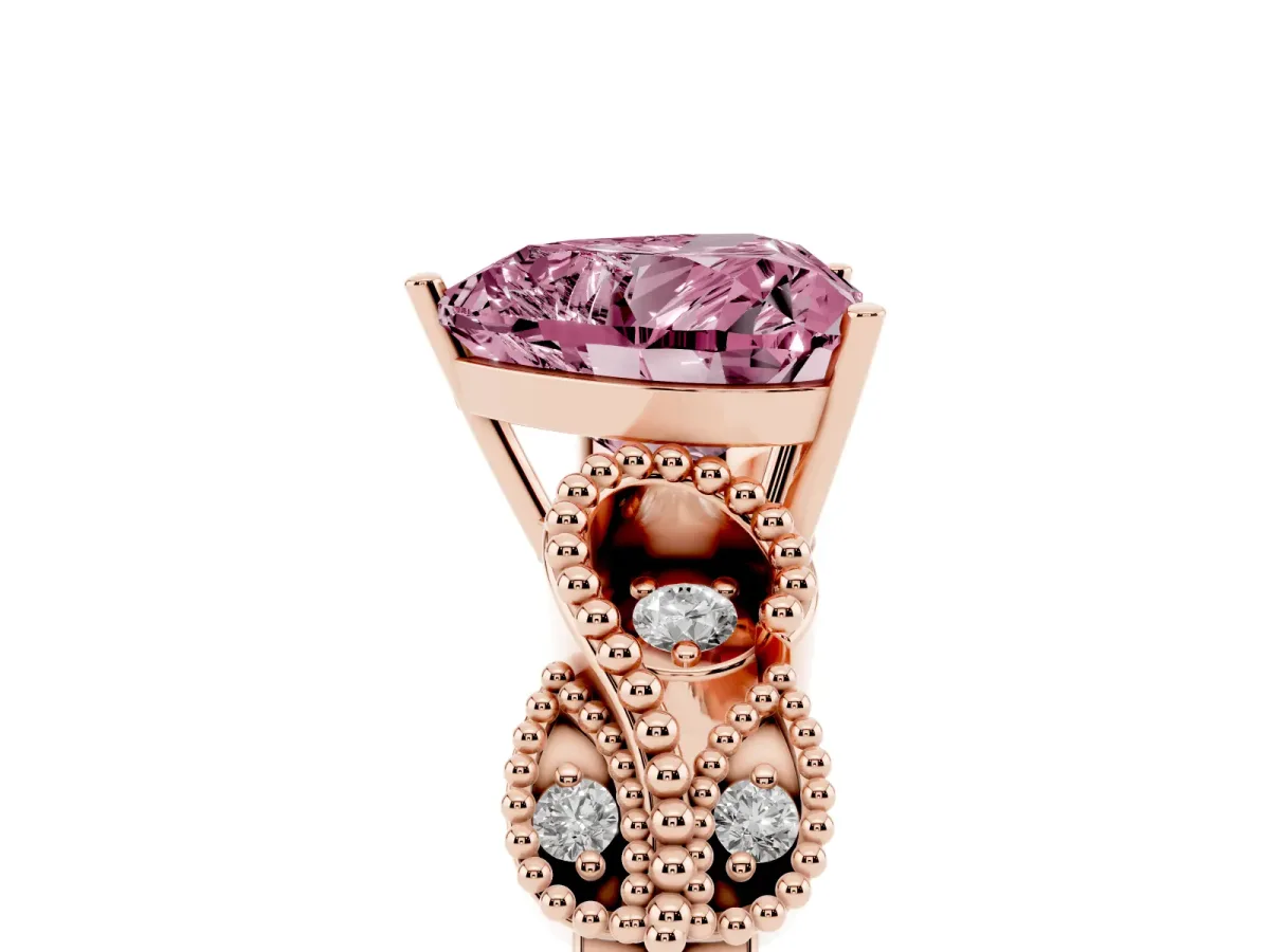 Fancy Pink Heart Cut Solitaire Milgrain Leaf Band with Prong Setting Rose gold