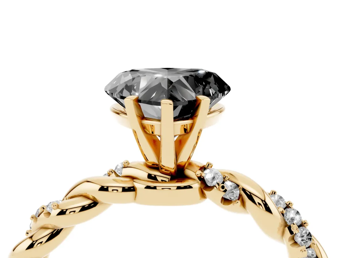 Fancy Black Heart Cut Diamond Solitaire Ring with Twisted Band and Pavé Accents Yellow gold