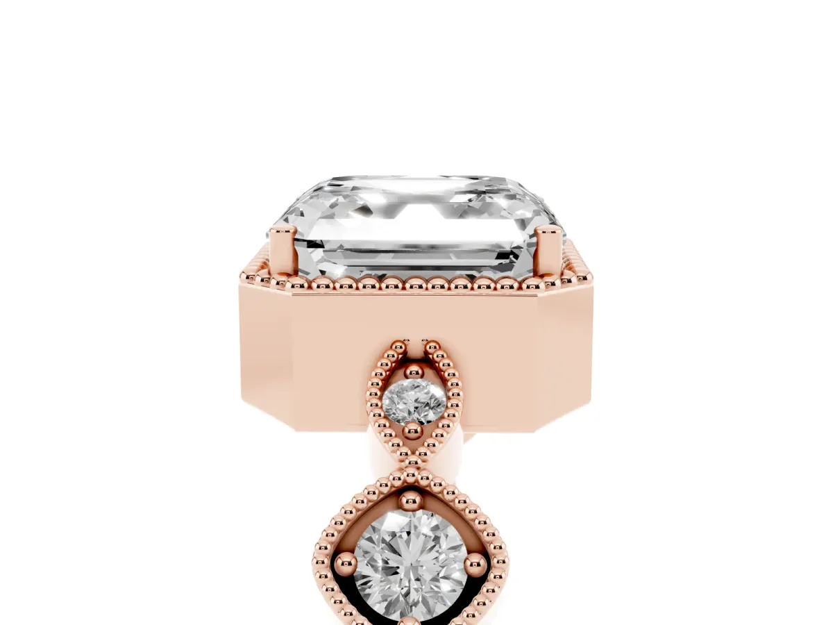 Asscher Cut Diamond Vintage Milgrain Ring with Round Stations Rose gold