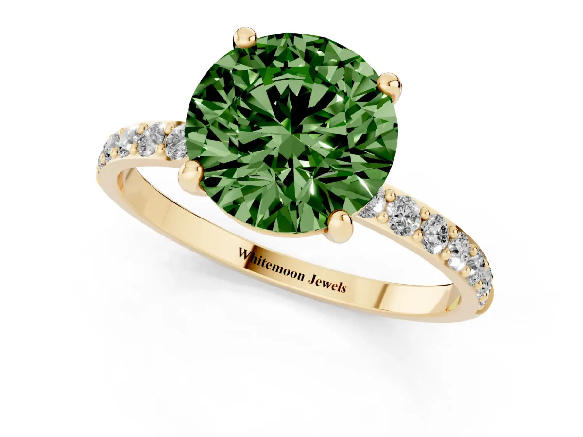 Fancy Green Round Cut Diamond Solitaire Ring with Round Pavé Band and Prong Setting Yellow gold
