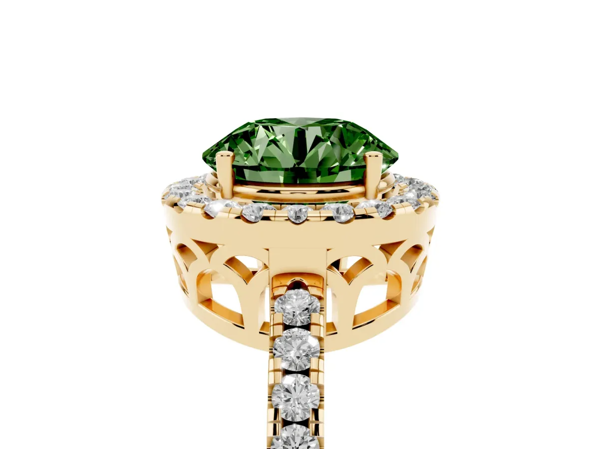 Fancy Green Round Cut Halo Diamond Engagement Ring with Pavé Band and Four-Prong Setting Yellow gold