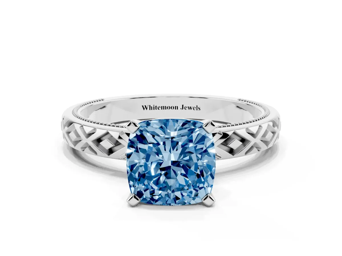 Fancy Blue Cushion Cut Solitaire Diamond Ring with Milgrain and Black Enamel X Pattern Band Silver