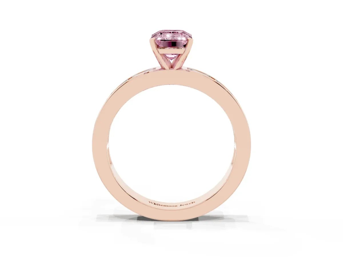 Fancy Pink Emerald Cut Solitaire Diamond Ring with Channel-Set Baguette Band and Four-Prong Setting Rose gold