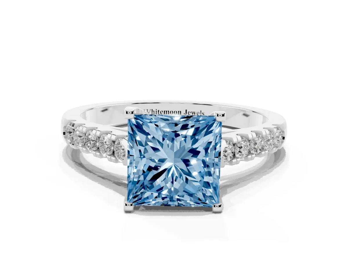 Fancy Blue Princess Cut Diamond Pavé Band Solitaire Ring with Prong Setting Silver