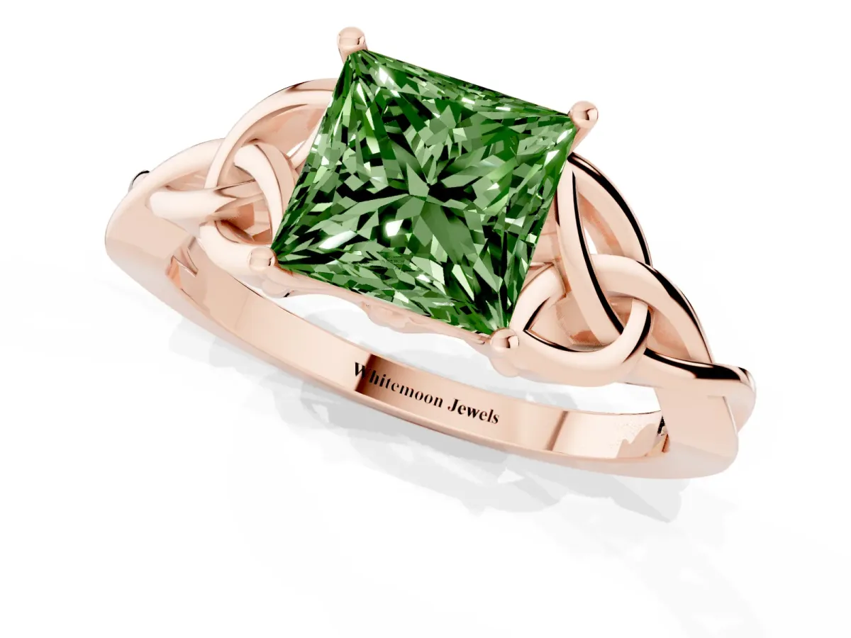 Fancy Green Princess Cut Diamond Solitaire Engagement Ring with Celtic Knot Band and Four-Prong Setting Rose gold