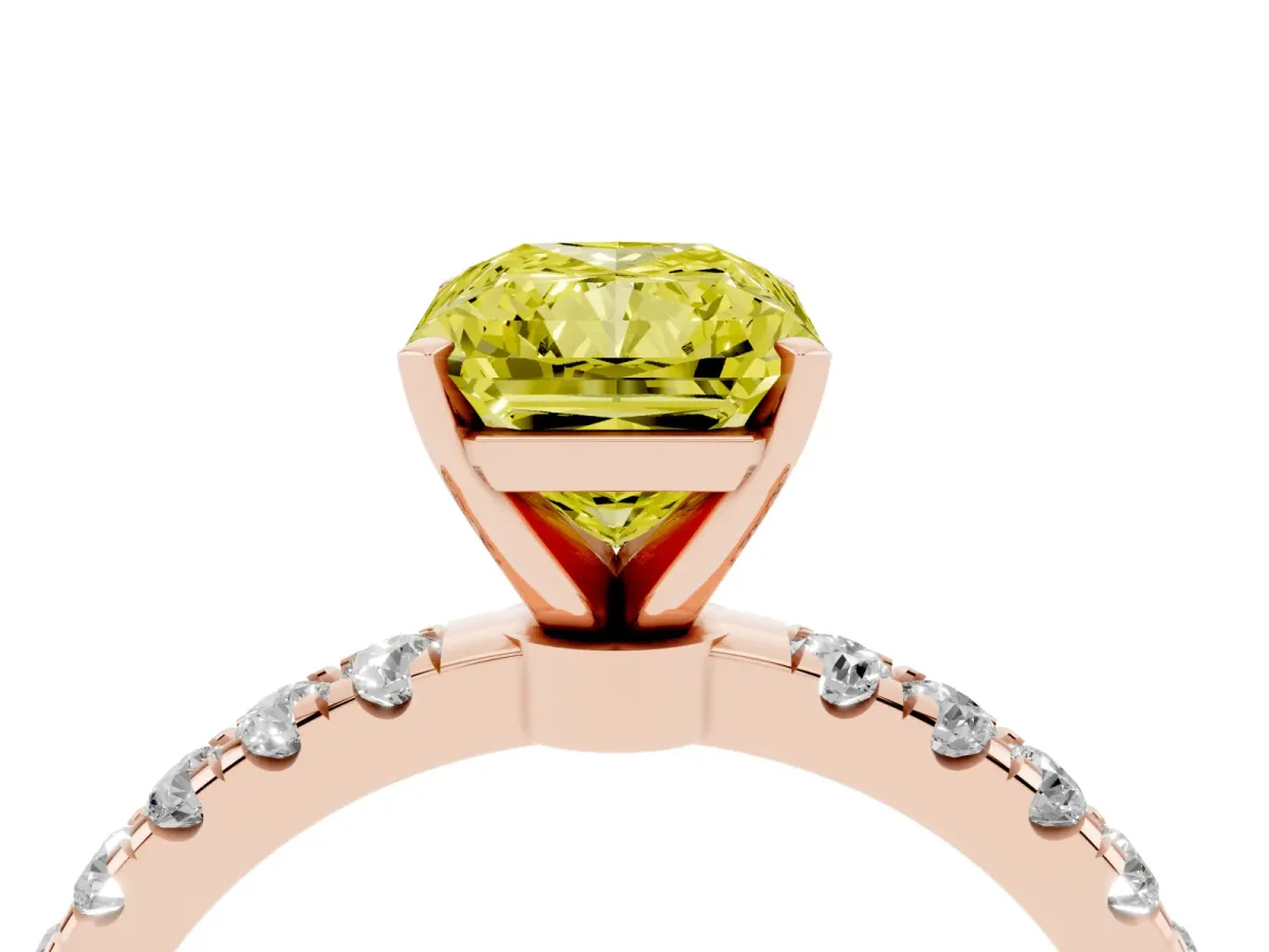 Fancy Yellow Radiant Cut Diamond Solitaire Ring with Pavé Accents and Four-Prong Setting Rose gold