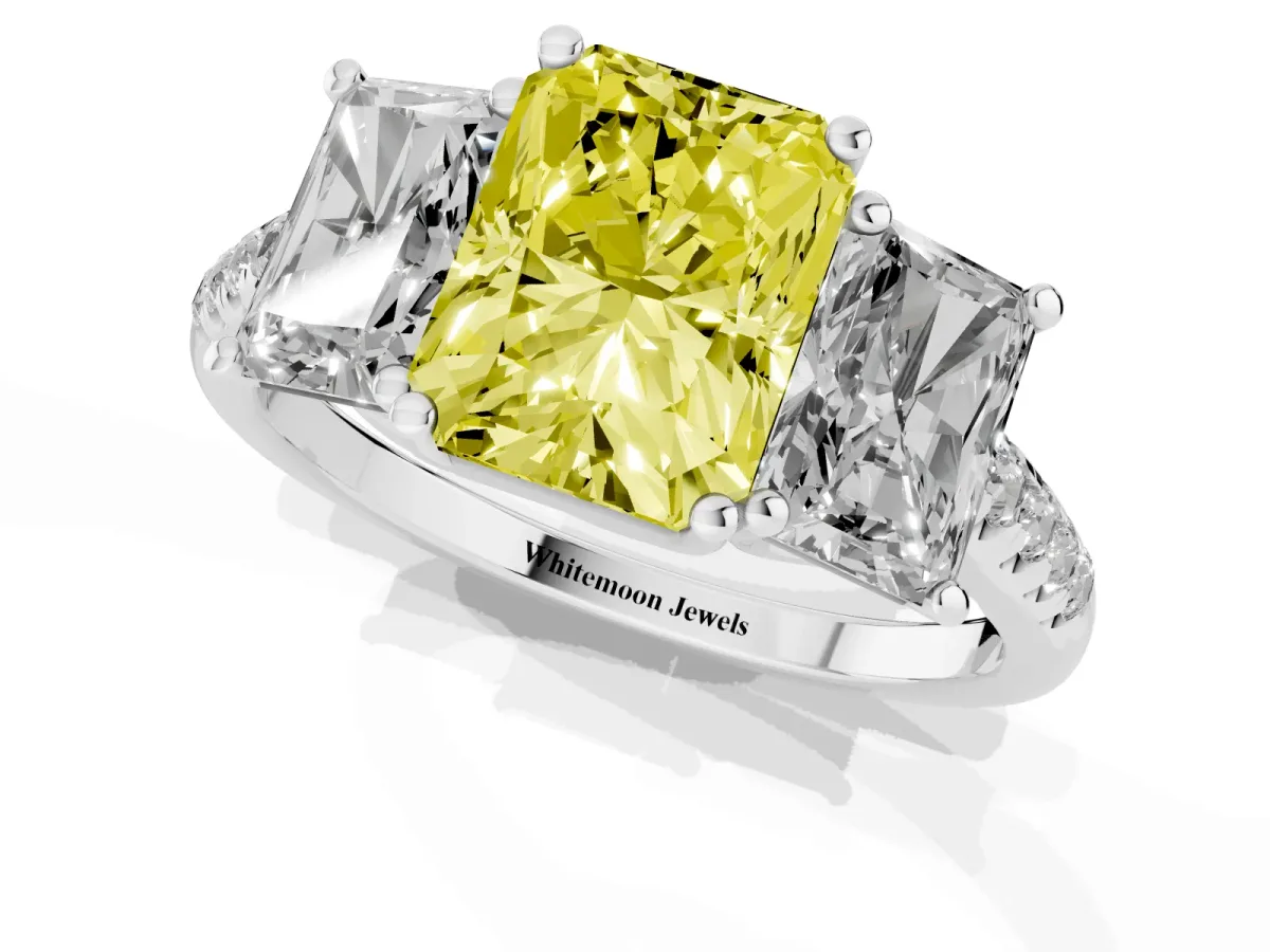 Fancy Yellow Three-Stone Radiant Cut Diamond Ring with Round Pavé Band and Prong Setting Silver