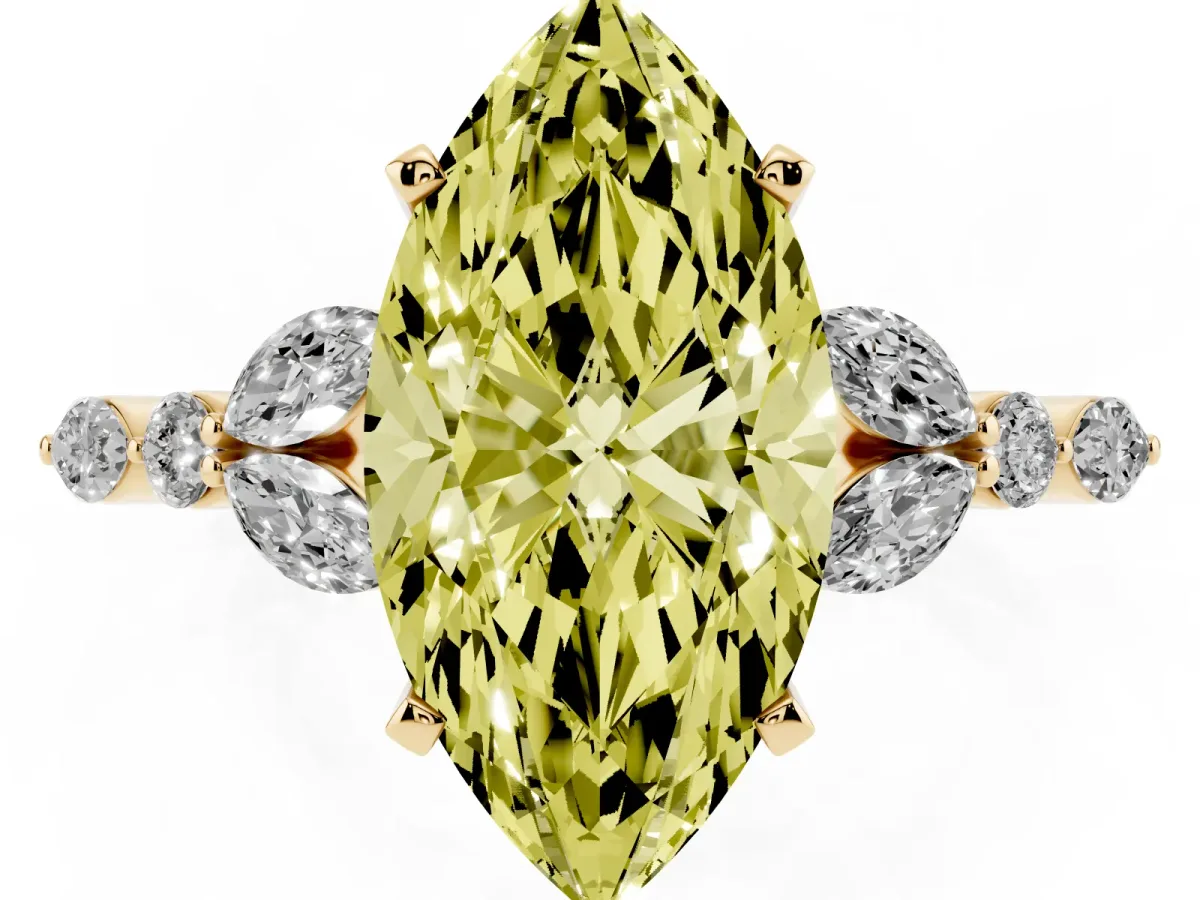 Fancy Yellow Marquise Cut Diamond Solitaire Ring with Side Stones and Four-Prong Setting Yellow gold