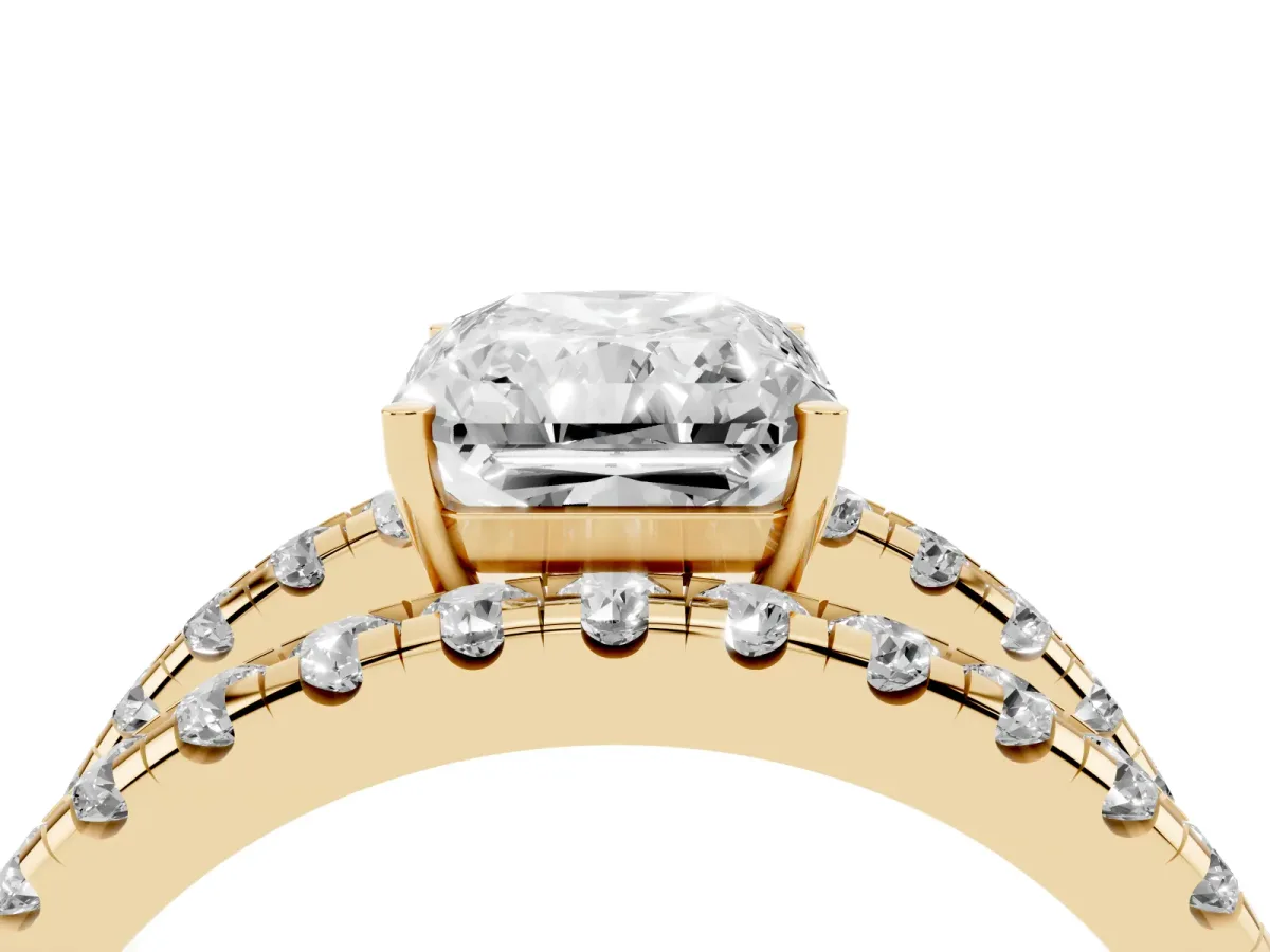 Radiant Cut Solitaire Split Shank Pave Diamond Ring Yellow gold