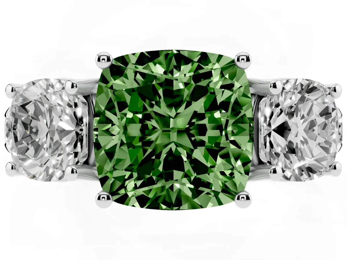 Fancy Green Three-Stone Cushion Cut Diamond Pavé Band with Prong Setting Silver