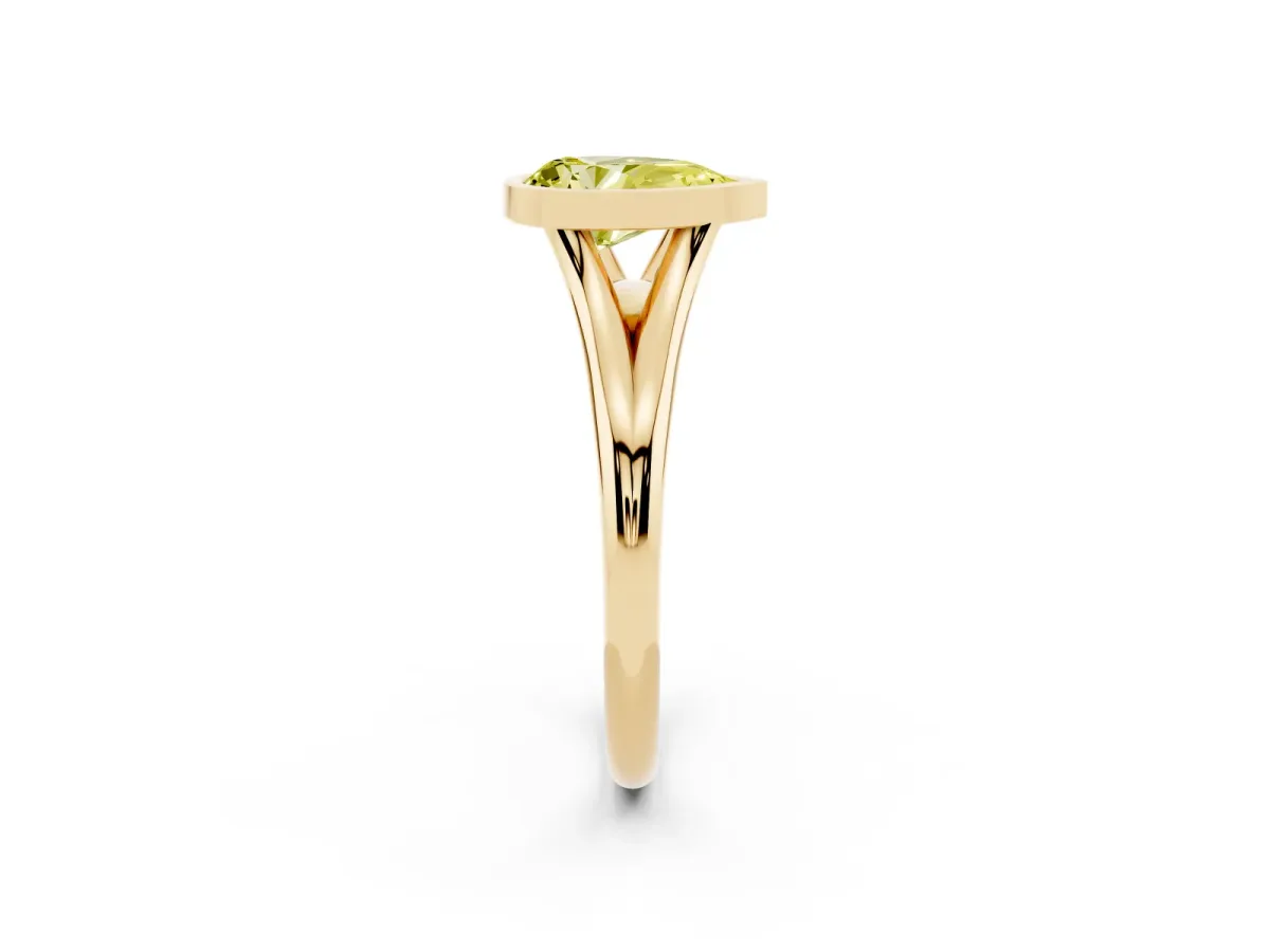Fancy Yellow Bezel Set Pear Cut Cut Solitaire Ring with Tapered Band Yellow gold