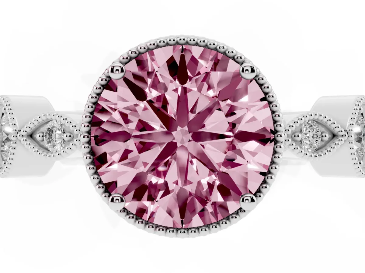 Fancy Pink Round Cut Diamond Vintage Milgrain Ring with Round Stations Silver