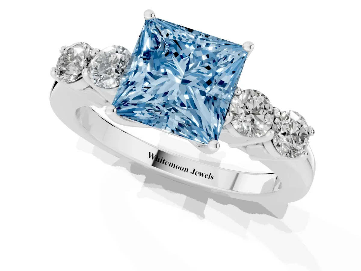 Fancy Blue Princess Cut Cut Diamond Five-Stone Prong Set White Gold Ring Silver