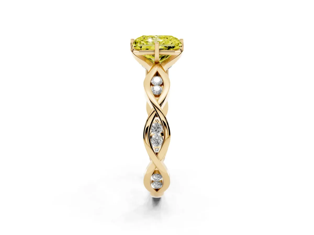 Fancy Yellow Radiant Cut Solitaire Twist Band with Leaf Prong Setting Yellow gold