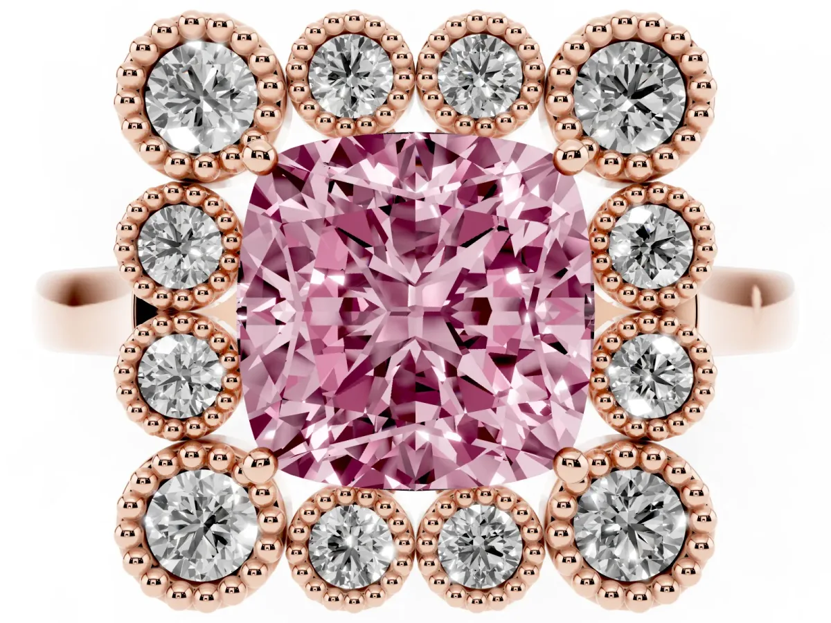 Fancy Pink Cushion Cut Halo Diamond Cluster Engagement Ring with Milgrain Bezel Setting and Solitaire Band Rose gold