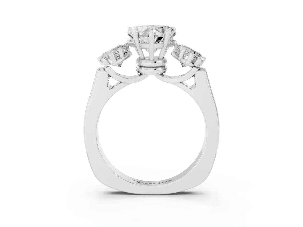 Three-Stone Heart Cut Brilliant Diamond Trellis Ring with Comfort Fit Band White gold