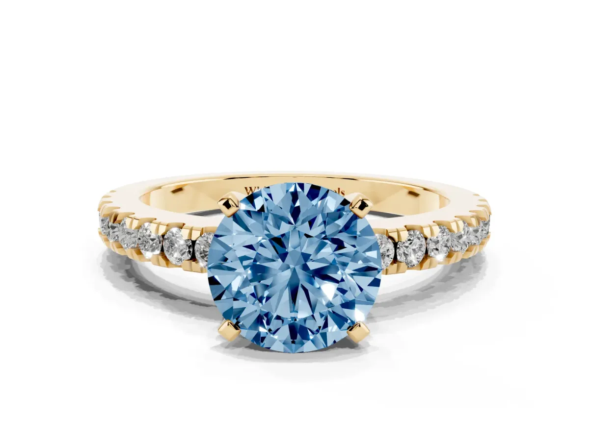 Fancy Blue Round Cut Solitaire Diamond with Pavé Band and Four-Prong Setting Yellow gold