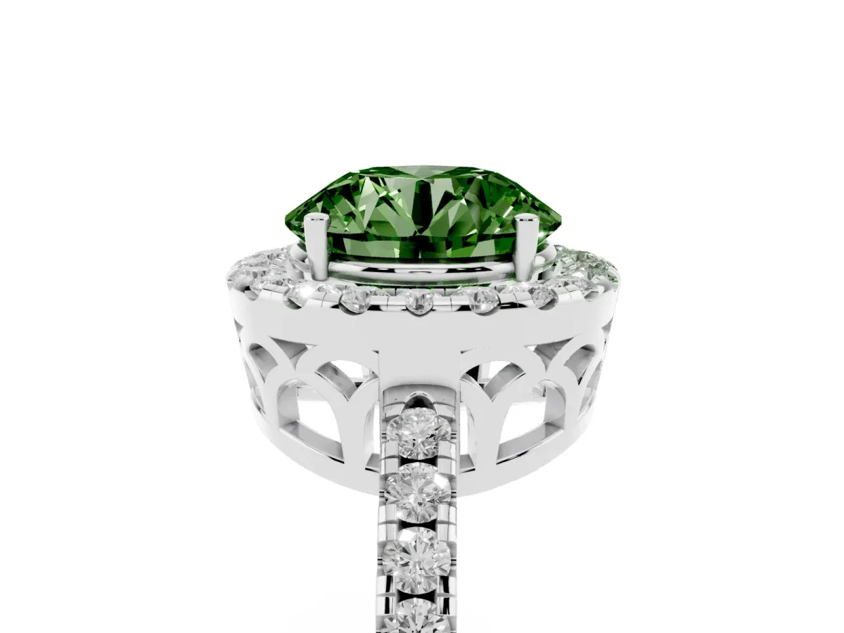 Fancy Green Round Cut Halo Diamond Engagement Ring with Pavé Band and Four-Prong Setting Platinum