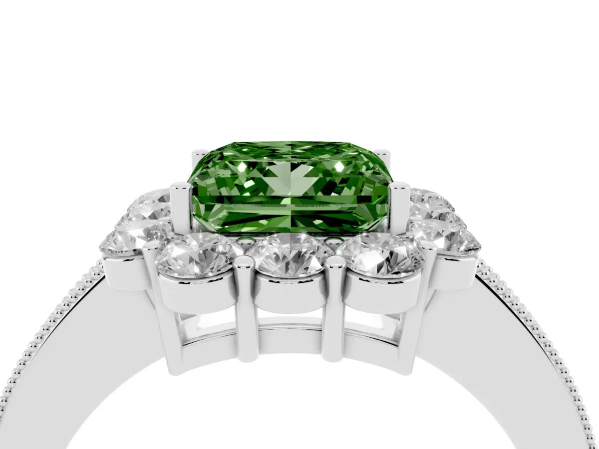 Fancy Green Princess Cut Cut Halo Diamond Pavé Engagement Ring with Milgrain Detailing Silver