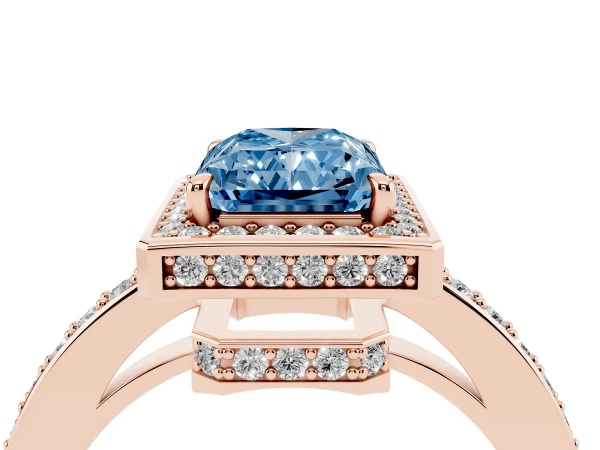 Fancy Blue Radiant Cut Halo Pave Band Solitaire Ring with Prong Setting Rose gold