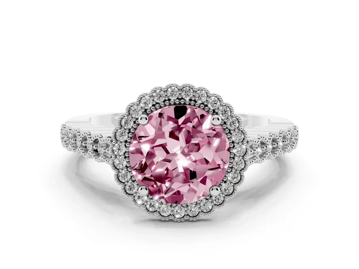 Fancy Pink Round Cut Cut Halo Pavé Solitaire Ring with Milgrain Band Platinum