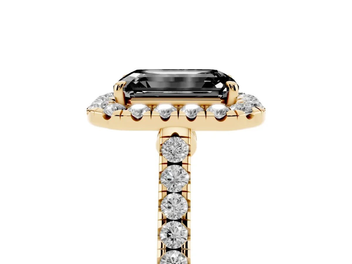 Fancy Black Emerald Cut Halo Pave Diamond Engagement Ring with Four-Prong Setting Yellow gold