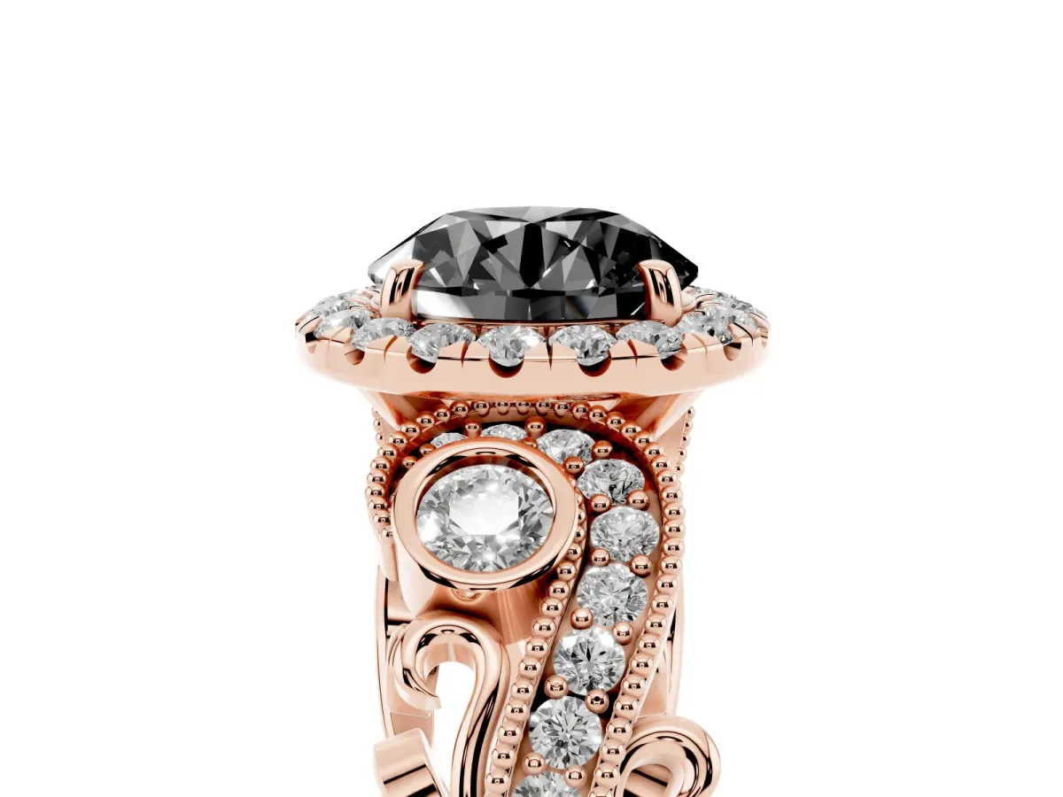 Fancy Black Round Cut Halo Diamond Ring with Milgrain and Bezel Accents on a Split Shank Band Rose gold