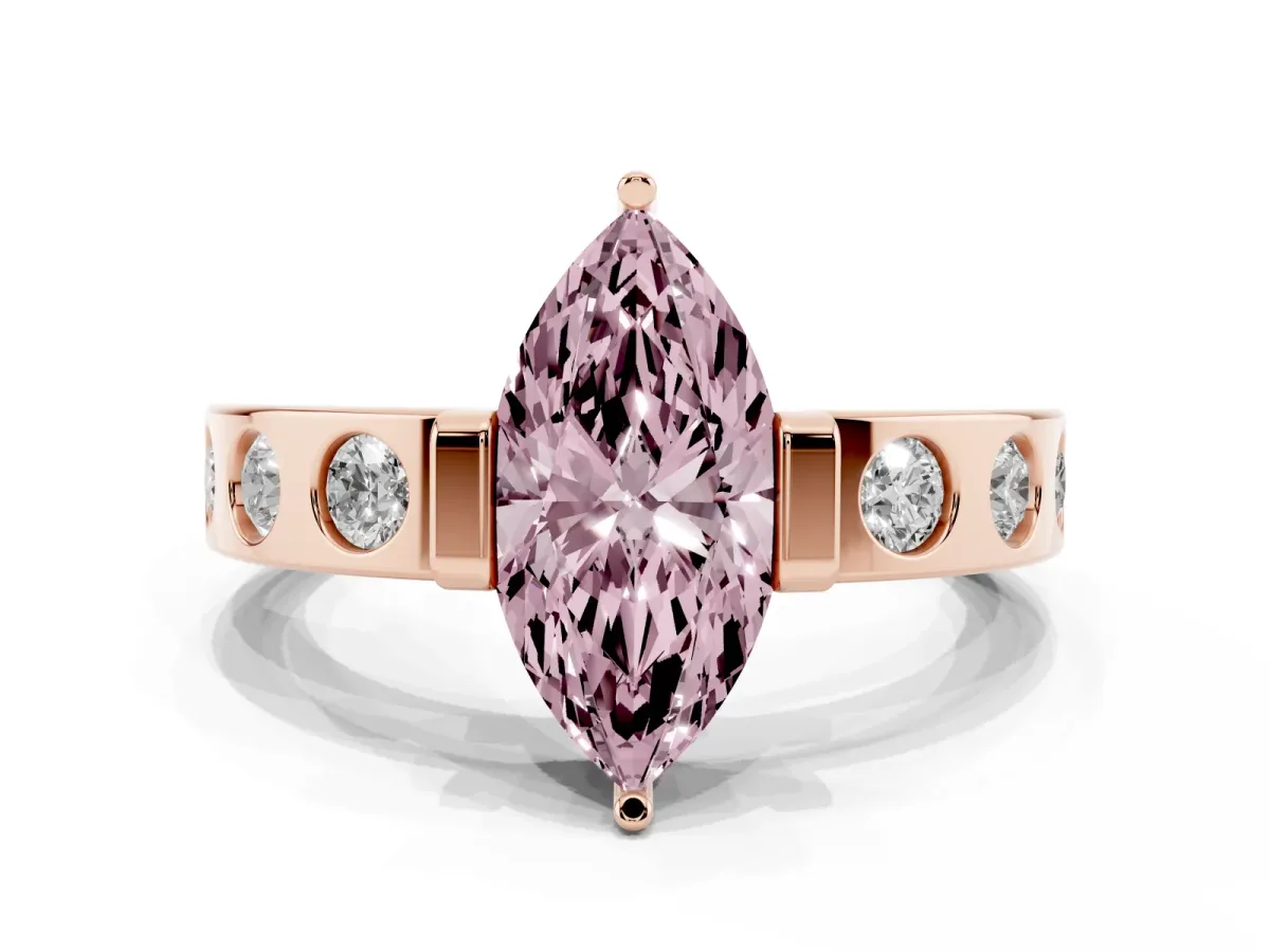 Fancy Pink Marquise Cut Brilliant Channel-Set Diamond Ring with Bezel Prong Setting Rose gold