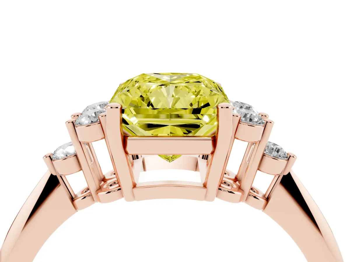 Fancy Yellow Radiant Cut Cut Diamond Cluster Ring with Solitaire Band and Four-Prong Setting Rose gold